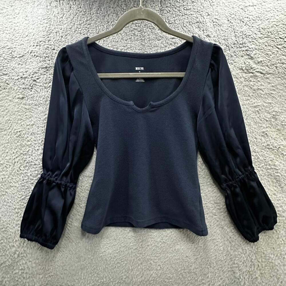 Anthropologie Maeve XS Blue Blouse Silky Sleeves Fitted Romantic Evening EUC